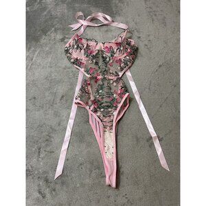 Women's Pink Small Lingerie Lace Bodysuit Embroidery Naughty Teddies Sleepwear